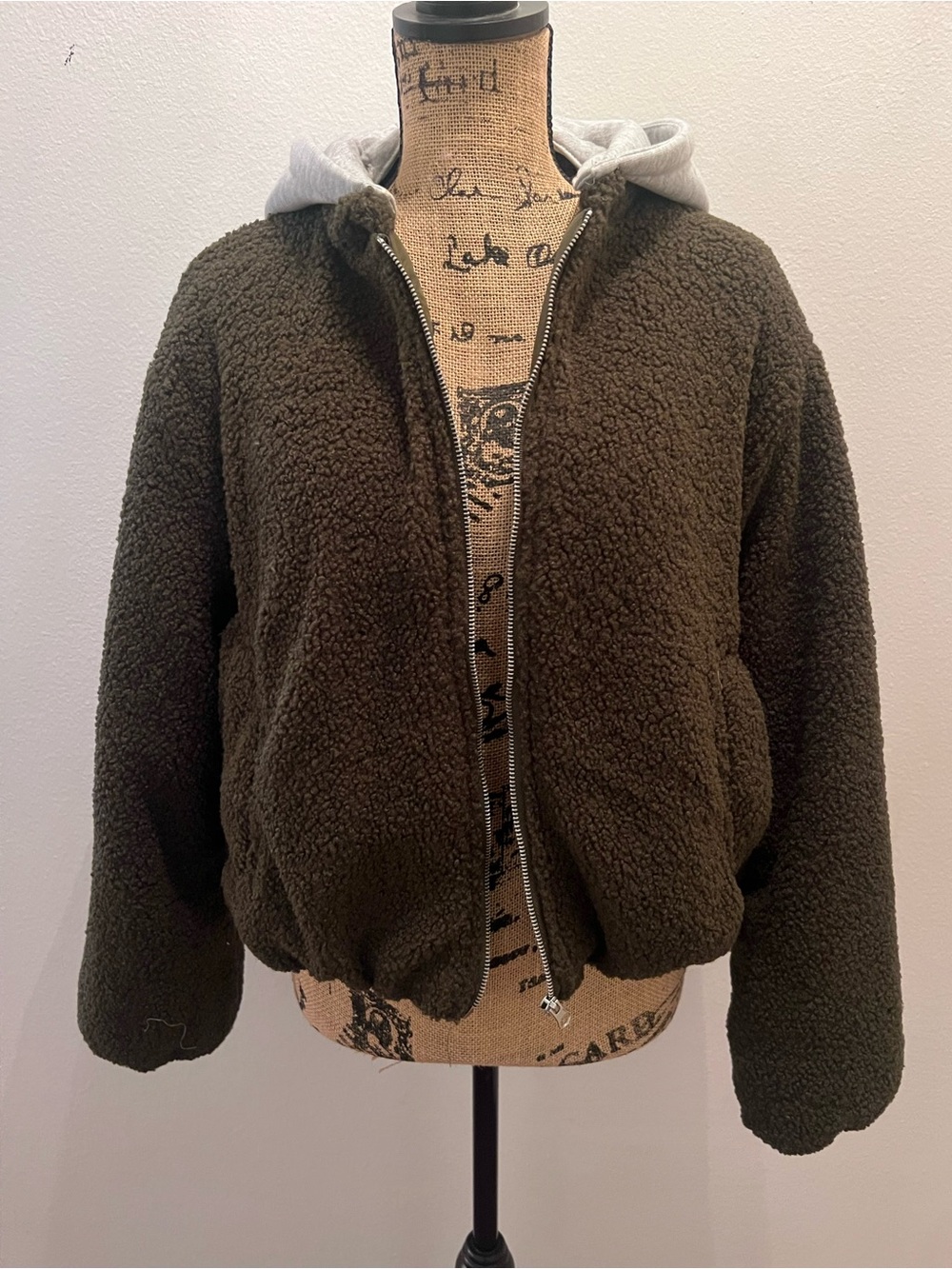 Fashion Nova Men's Olive Sherpa Bomber Jacket with Gray Hood